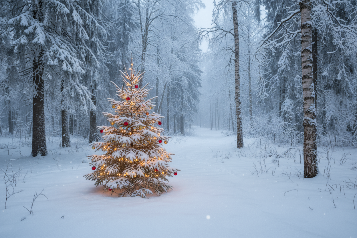 a christmas tree in the woods surrounded by snow