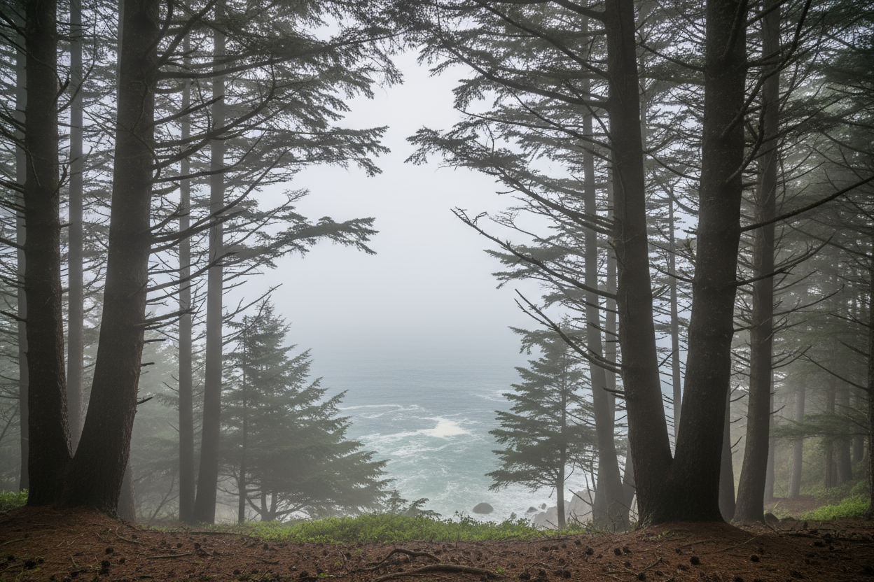 Pine trees with the ocean near by with a fog
